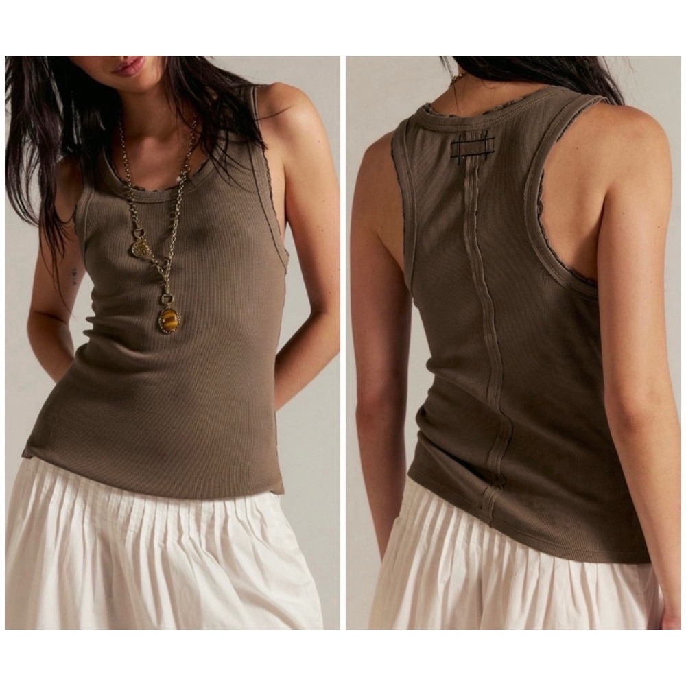 We The Free People Rowan Tank Dusted Cocoa Brown Lace Trim Size XL NWT